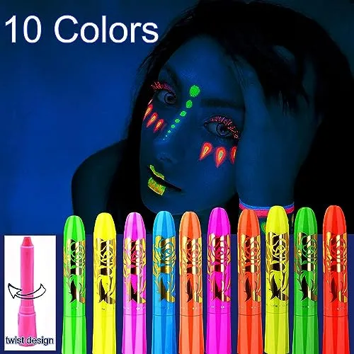 10 Colors Glow in The Black Light Face Paint Crayons Kit, UV Black Light Makeup Neon Face and Body Paint Sticks Markers for Mardi Gras Halloween