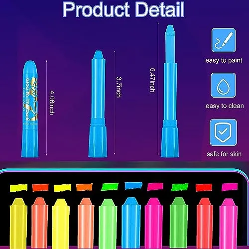 10 Colors Glow in The Black Light Face Paint Crayons Kit, UV Black Light Makeup Neon Face and Body Paint Sticks Markers for Mardi Gras Halloween