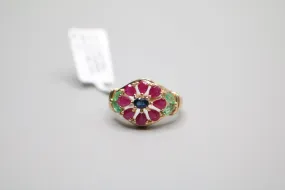 14-Karat Yellow Gold Fancy Colorful Flower Ring Size of 6 3/4