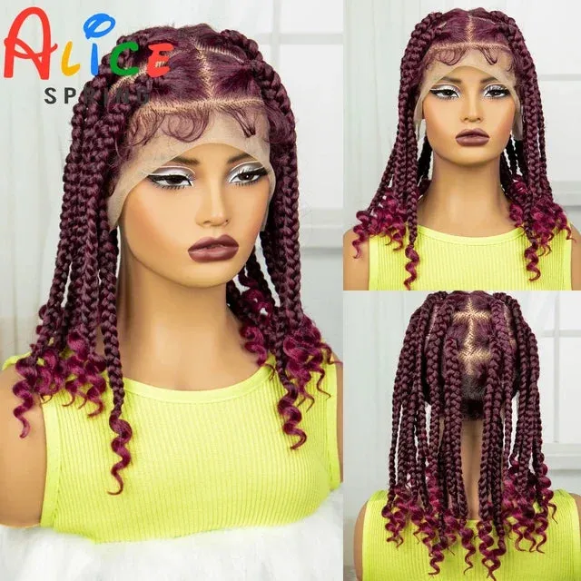 14inch Synthetic Knotless Box Braided Wigs with Curly Ends Natural Full Lace Braiding Hair Wigs with Baby Hair for Black Women