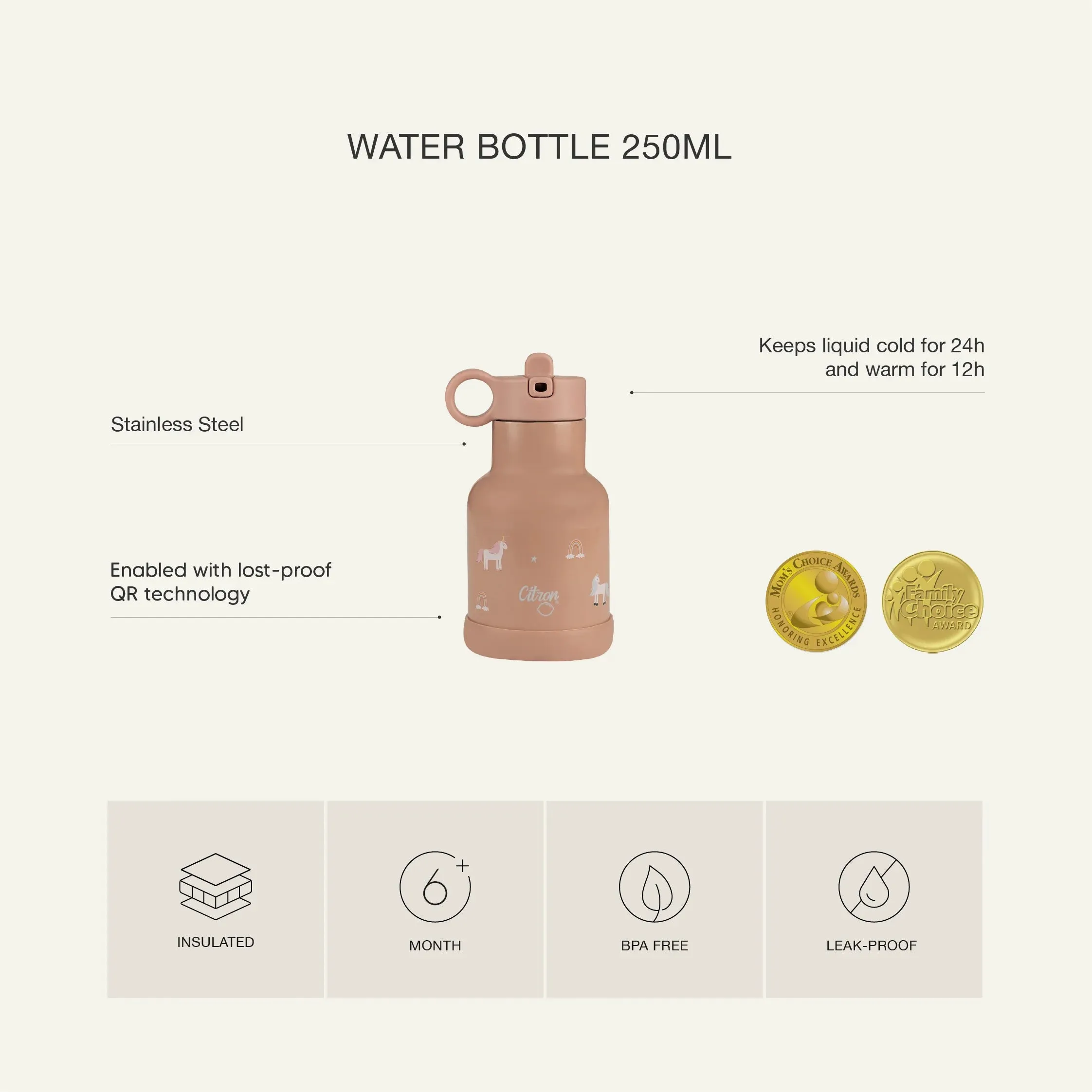 250ml Insulated Water Bottle Lemon