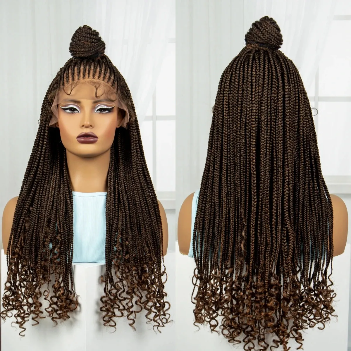 26 inches Synthetic Lace Front Updo Braided Wigs With Curly Ends 13x4 Cornrow Braiding Hair Wigs with Baby Hair for Black Women