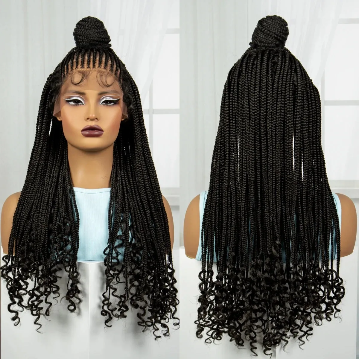 26 inches Synthetic Lace Front Updo Braided Wigs With Curly Ends 13x4 Cornrow Braiding Hair Wigs with Baby Hair for Black Women