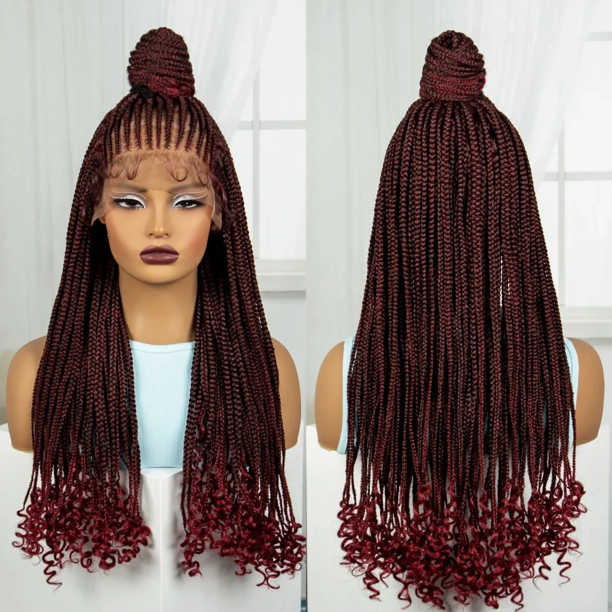 26 inches Synthetic Lace Front Updo Braided Wigs With Curly Ends 13x4 Cornrow Braiding Hair Wigs with Baby Hair for Black Women