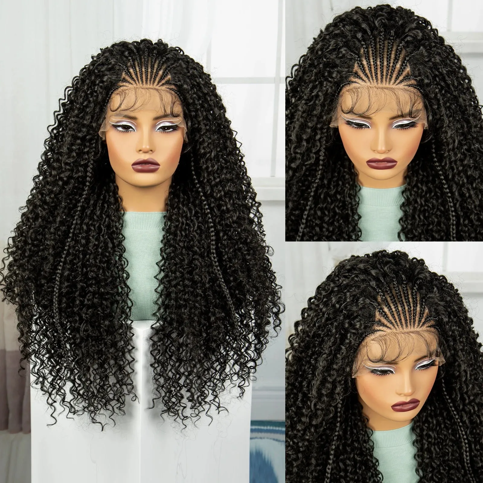 28 Inch 1B-30 Color Ombre Synthetic Braided Wigs Lace Braided Wigs Curly Knotless Box Braids Wigs with Baby Hair for Black Woman