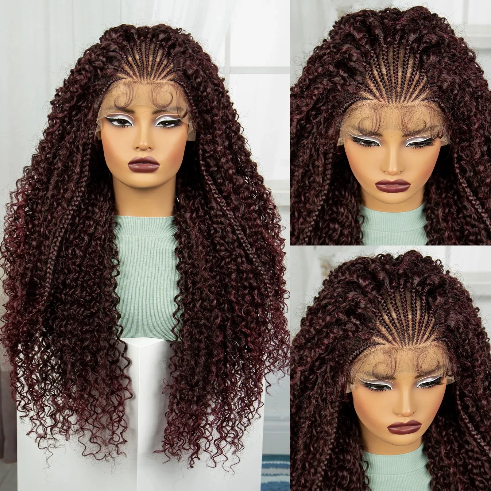 28 Inch 1B-30 Color Ombre Synthetic Braided Wigs Lace Braided Wigs Curly Knotless Box Braids Wigs with Baby Hair for Black Woman