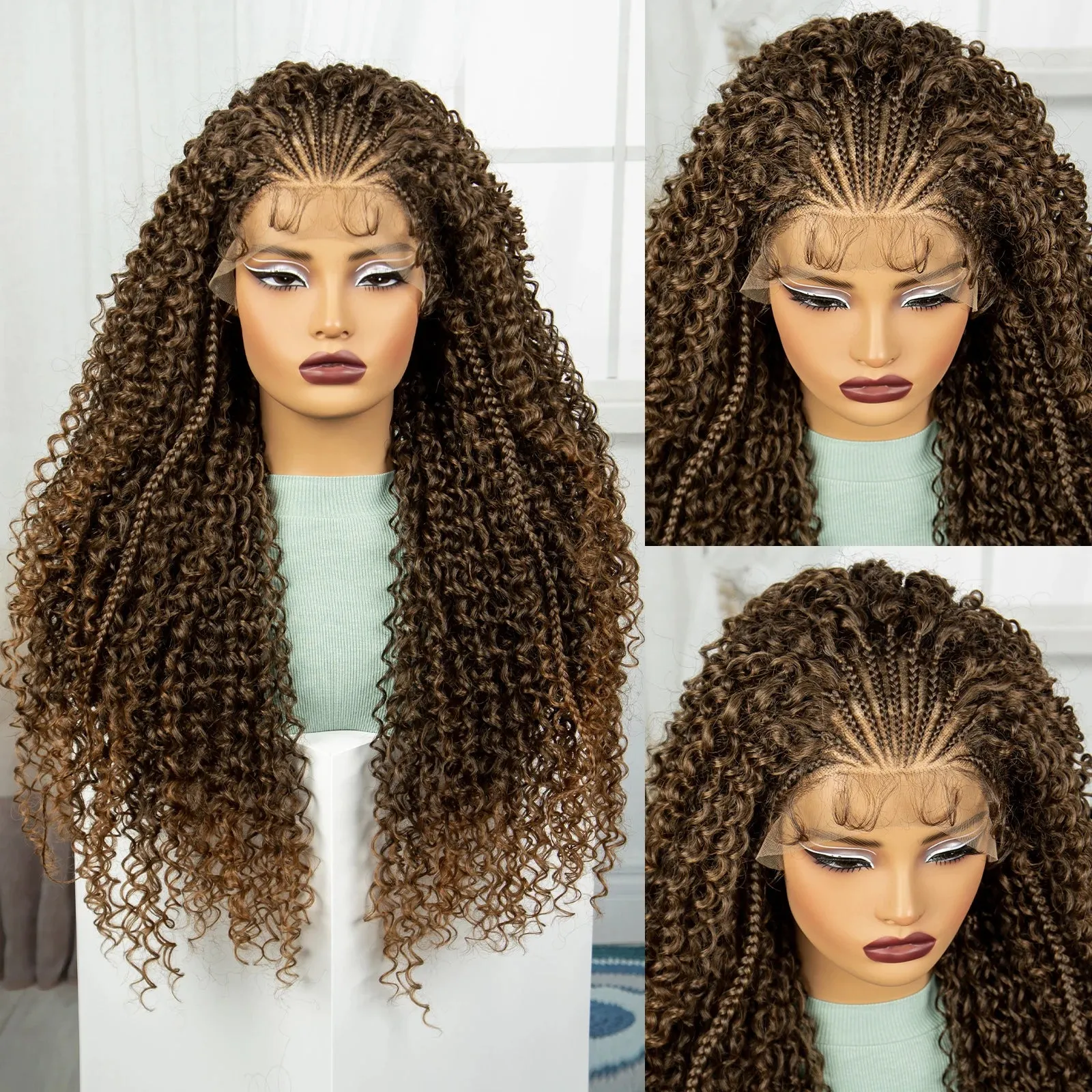 28 Inch 1B-30 Color Ombre Synthetic Braided Wigs Lace Braided Wigs Curly Knotless Box Braids Wigs with Baby Hair for Black Woman