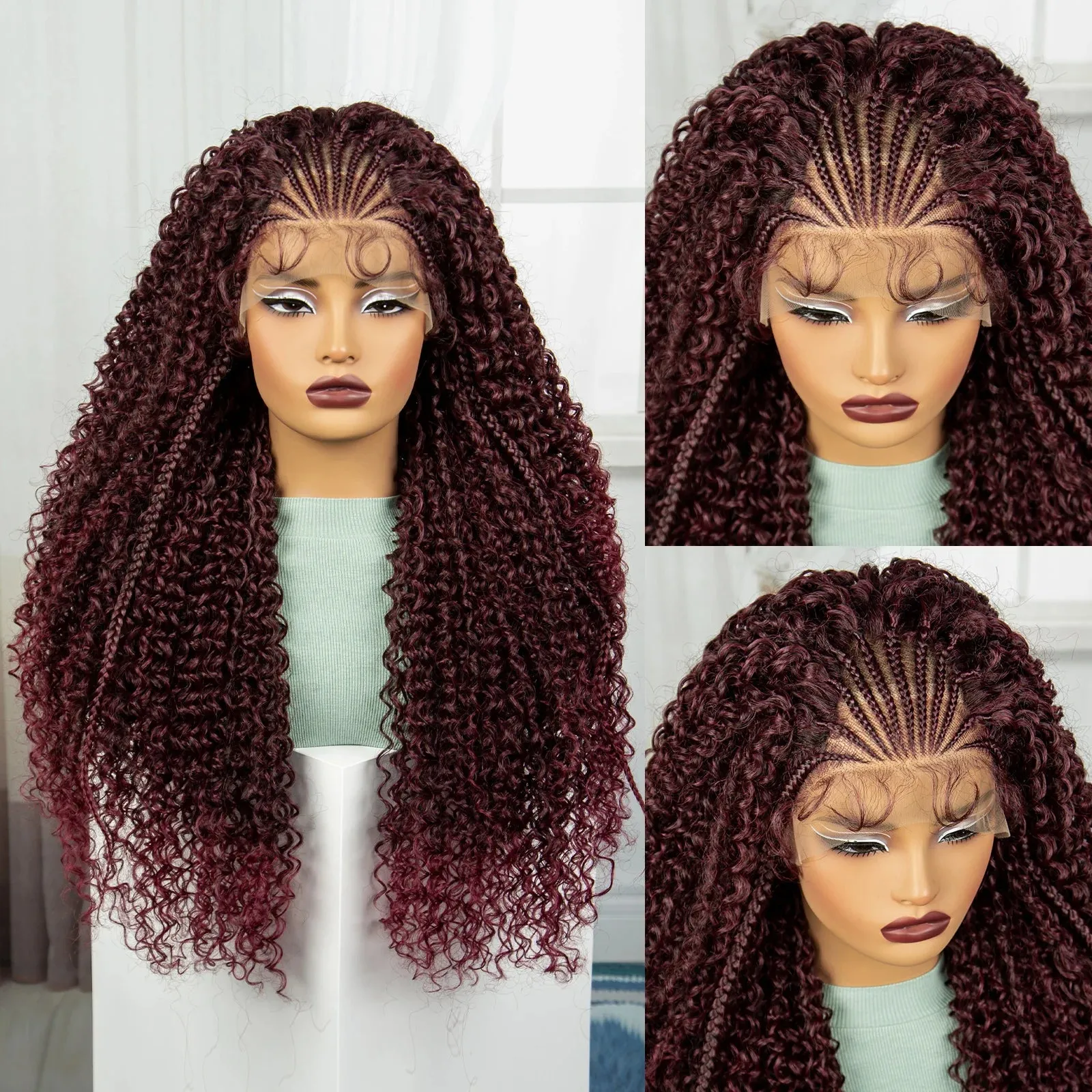 28 Inch 1B-30 Color Ombre Synthetic Braided Wigs Lace Braided Wigs Curly Knotless Box Braids Wigs with Baby Hair for Black Woman