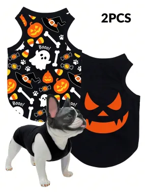 2pcs Halloween Pumpkin Print Anti-Flea, Reduce Shedding, Breathable Black Vest For Indoor/Outdoor Cat & Dog