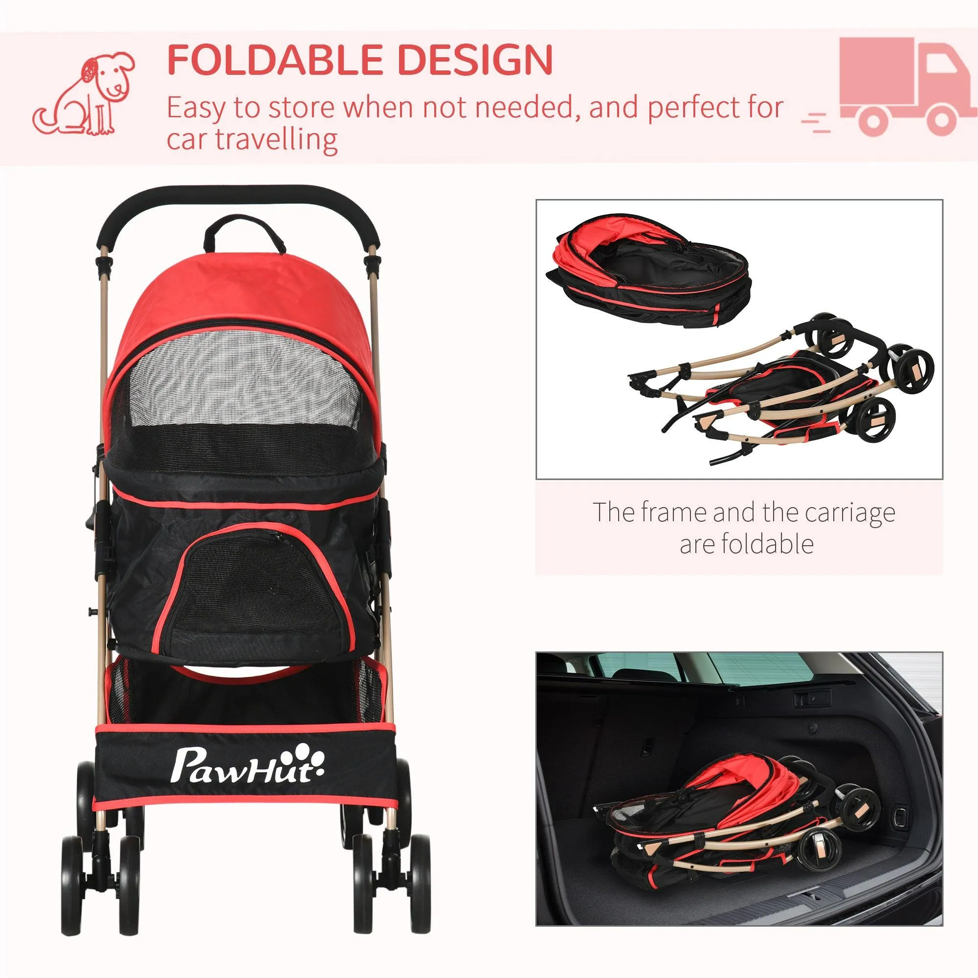 3-in-1 Cat Stroller - Carrier with Universal Wheel & Rain Cover - Red & Black