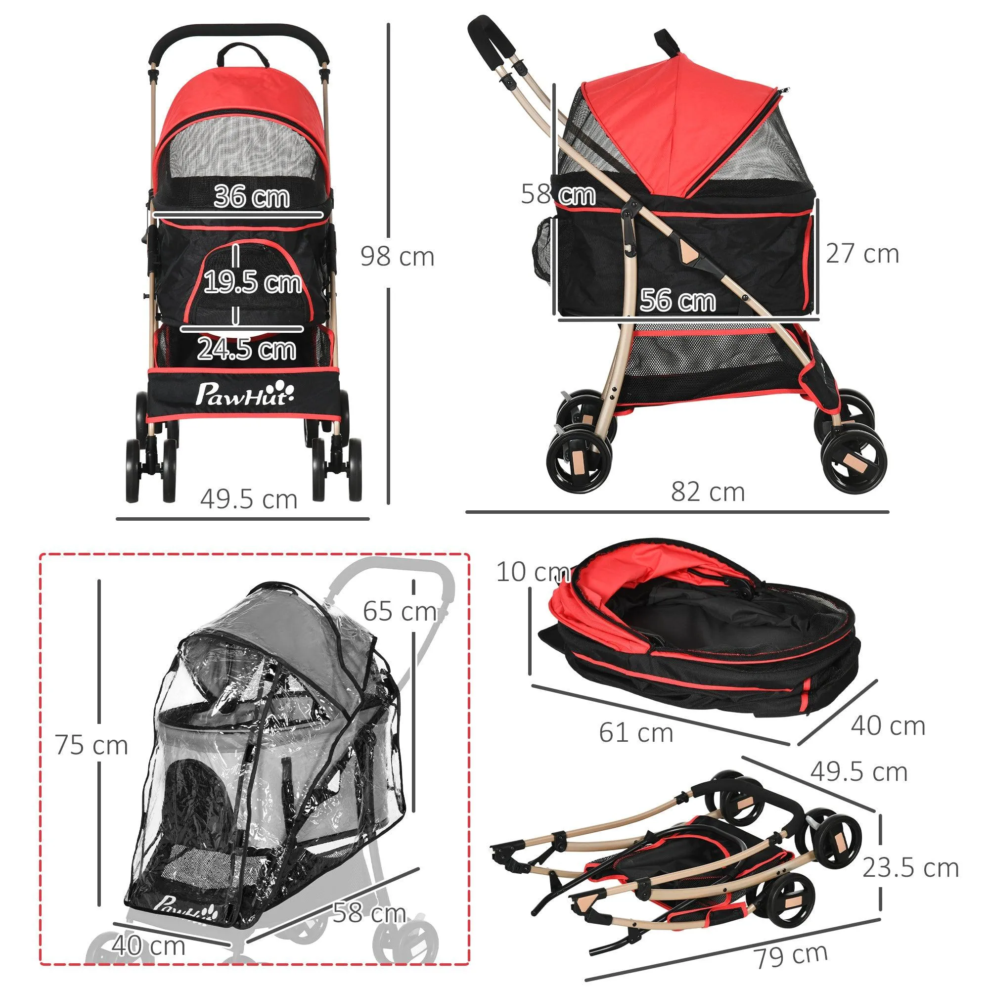 3-in-1 Cat Stroller - Carrier with Universal Wheel & Rain Cover - Red & Black