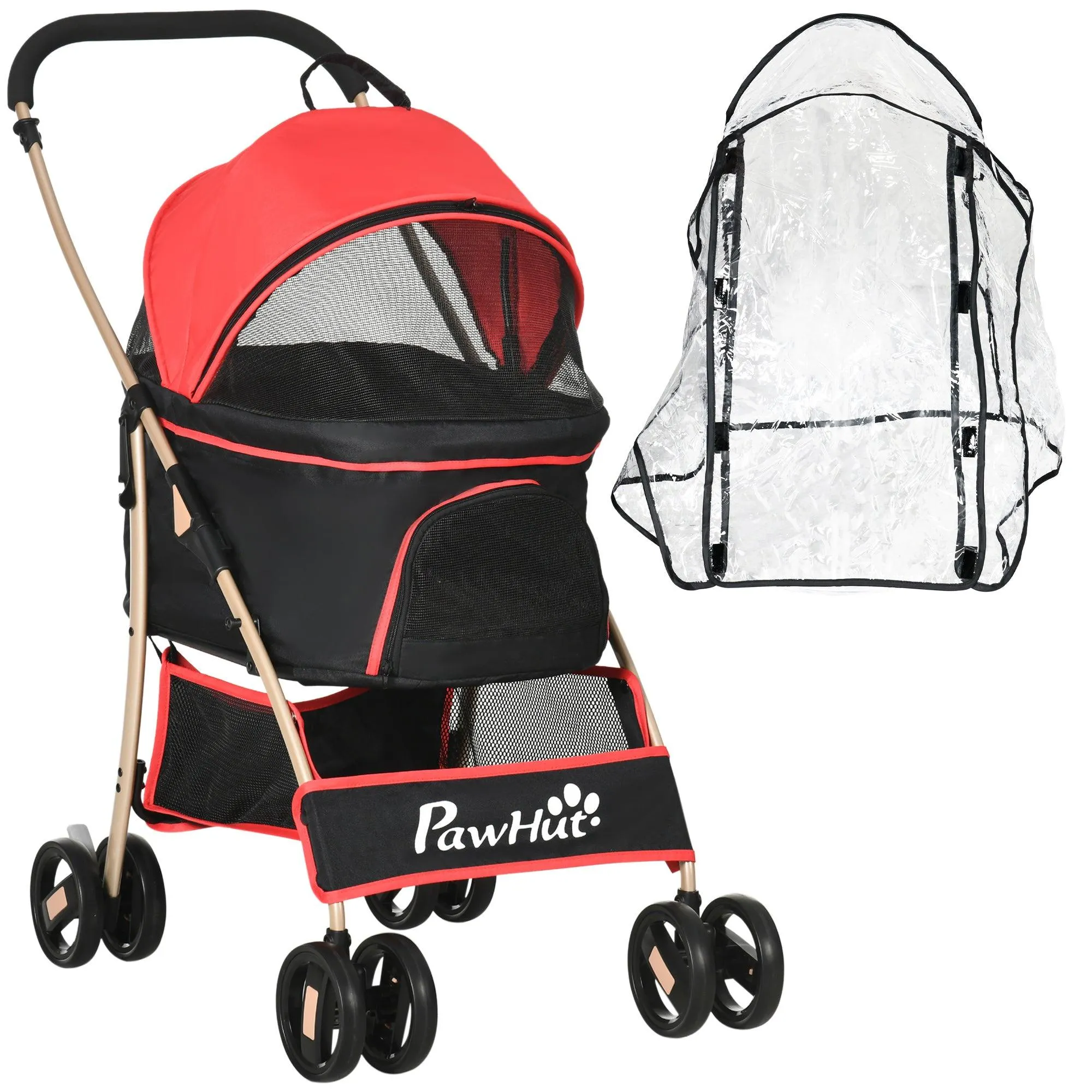 3-in-1 Cat Stroller - Carrier with Universal Wheel & Rain Cover - Red & Black