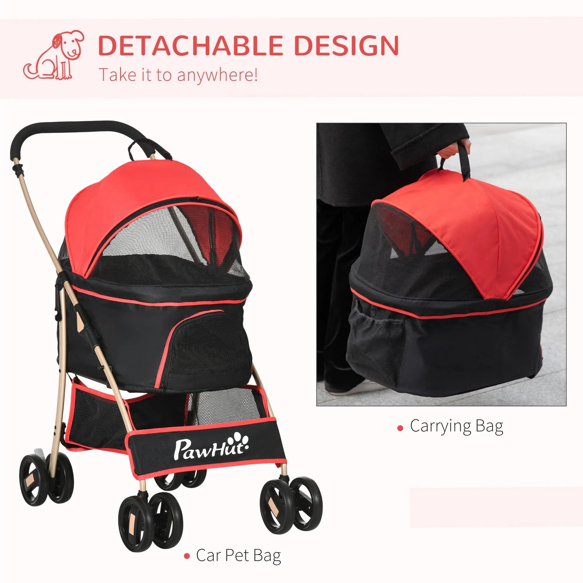 3-in-1 Cat Stroller - Carrier with Universal Wheel & Rain Cover - Red & Black