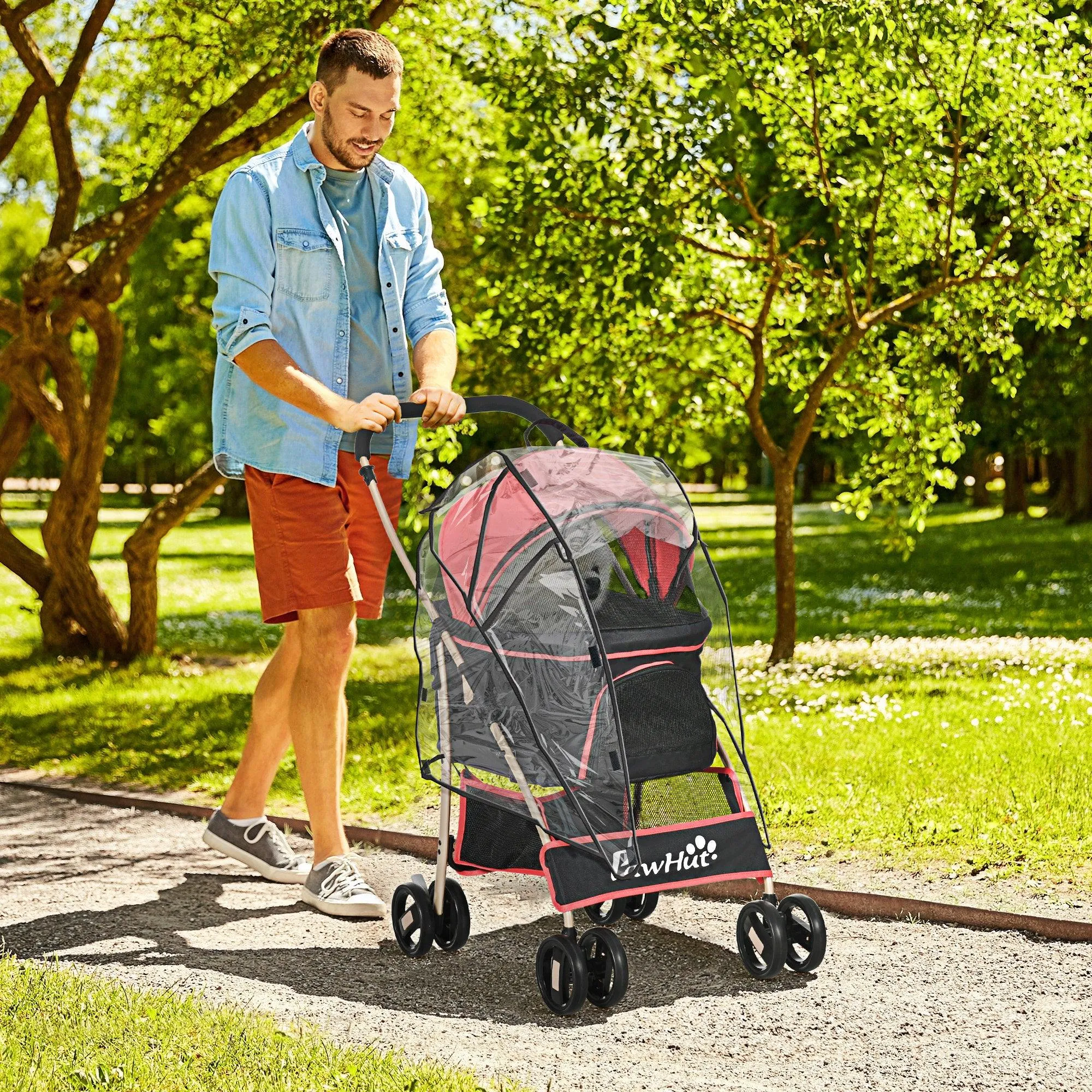 3-in-1 Cat Stroller - Carrier with Universal Wheel & Rain Cover - Red & Black