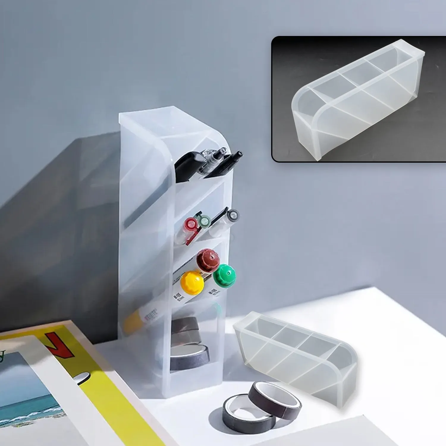 4384 Plastic 4 Compartment Office Desktop Storage Box, Pen Pencil Stand/Holder Stationary Organizer, Plastic Desktop Stationary Organizer For School