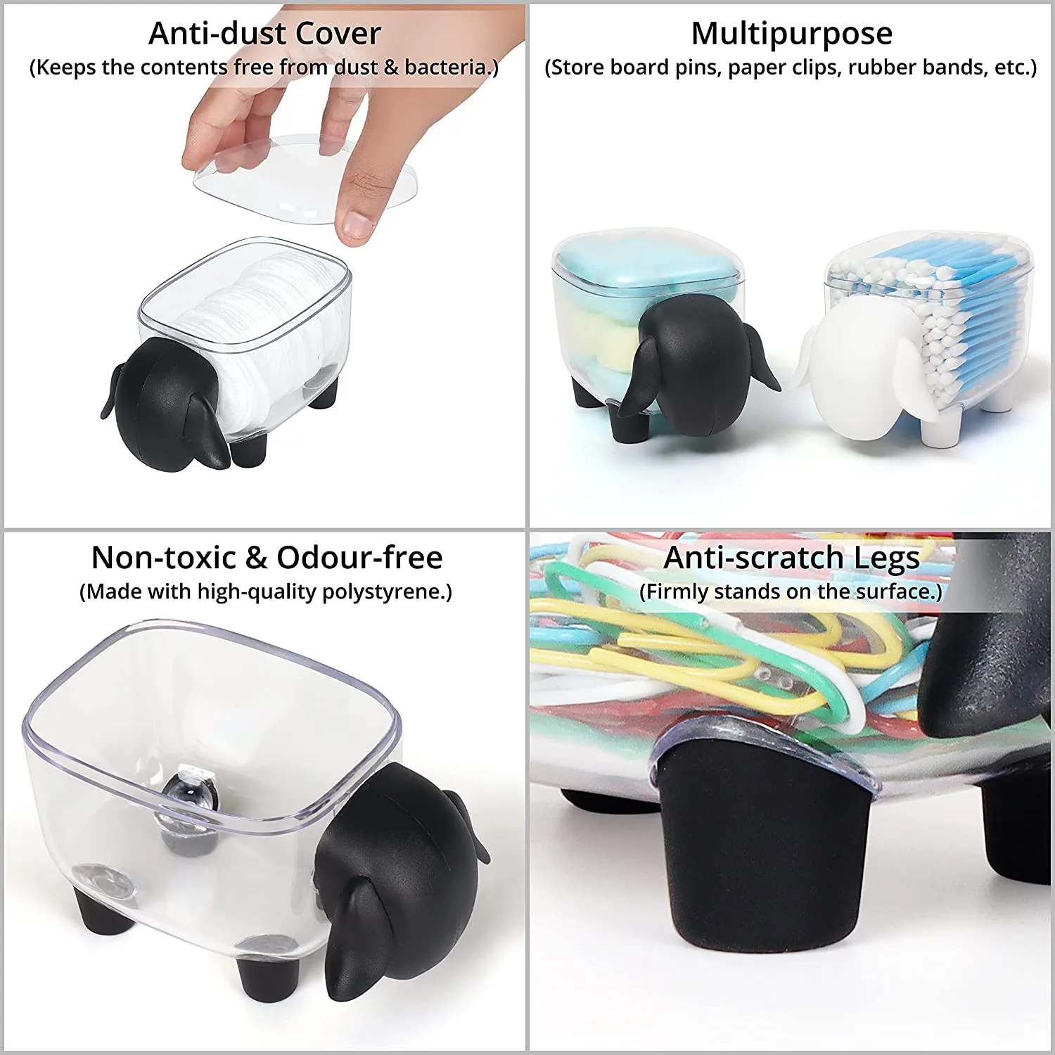ABOUT SPACE Sheep Shape Acrylic Cotton Swab Display Storage Organizer - Pack of 2 - Black and White- 13 x 7.5 cm