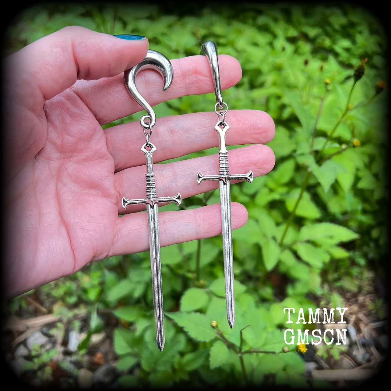 Ace of swords gauged earrings-Silver sword ear hangers