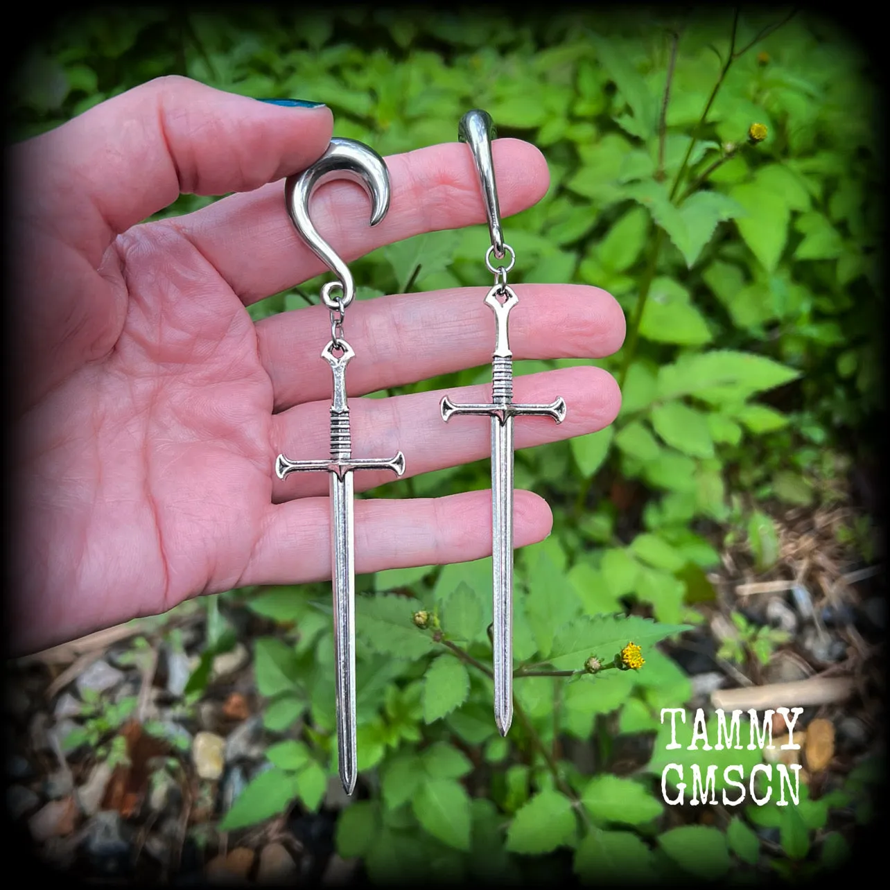 Ace of swords gauged earrings-Silver sword ear hangers
