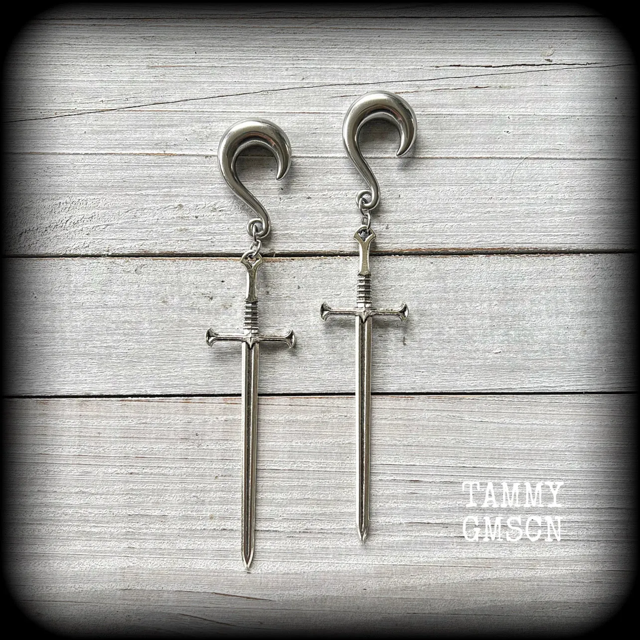 Ace of swords gauged earrings-Silver sword ear hangers
