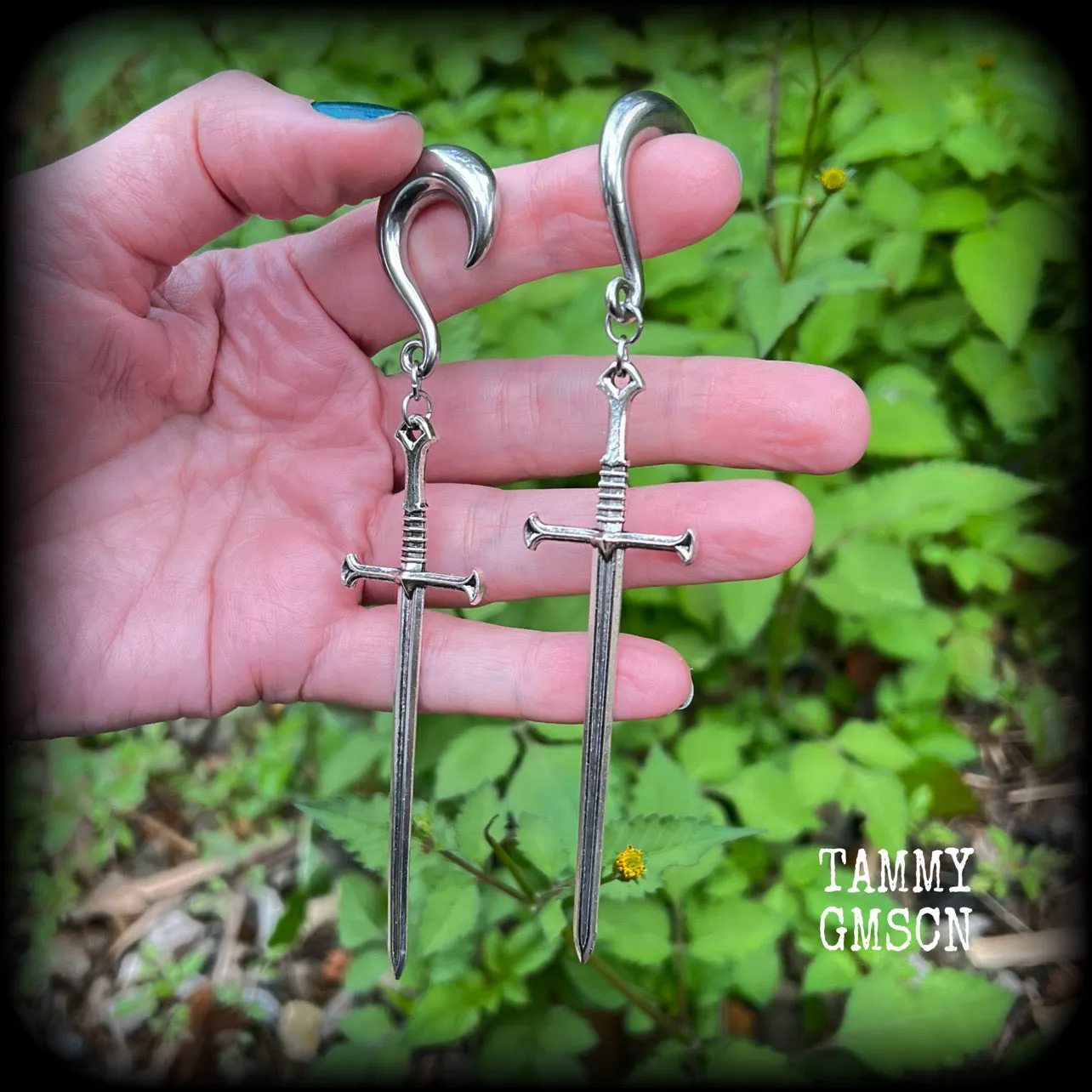 Ace of swords gauged earrings-Silver sword ear hangers