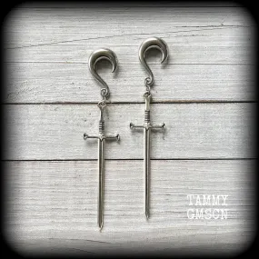 Ace of swords gauged earrings-Silver sword ear hangers