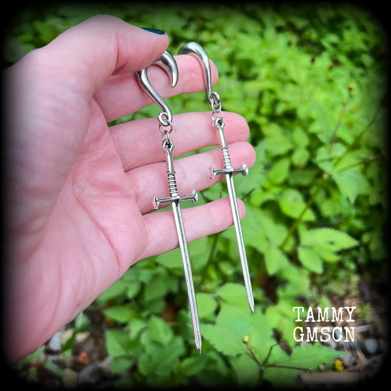 Ace of swords gauged earrings-Silver sword ear hangers