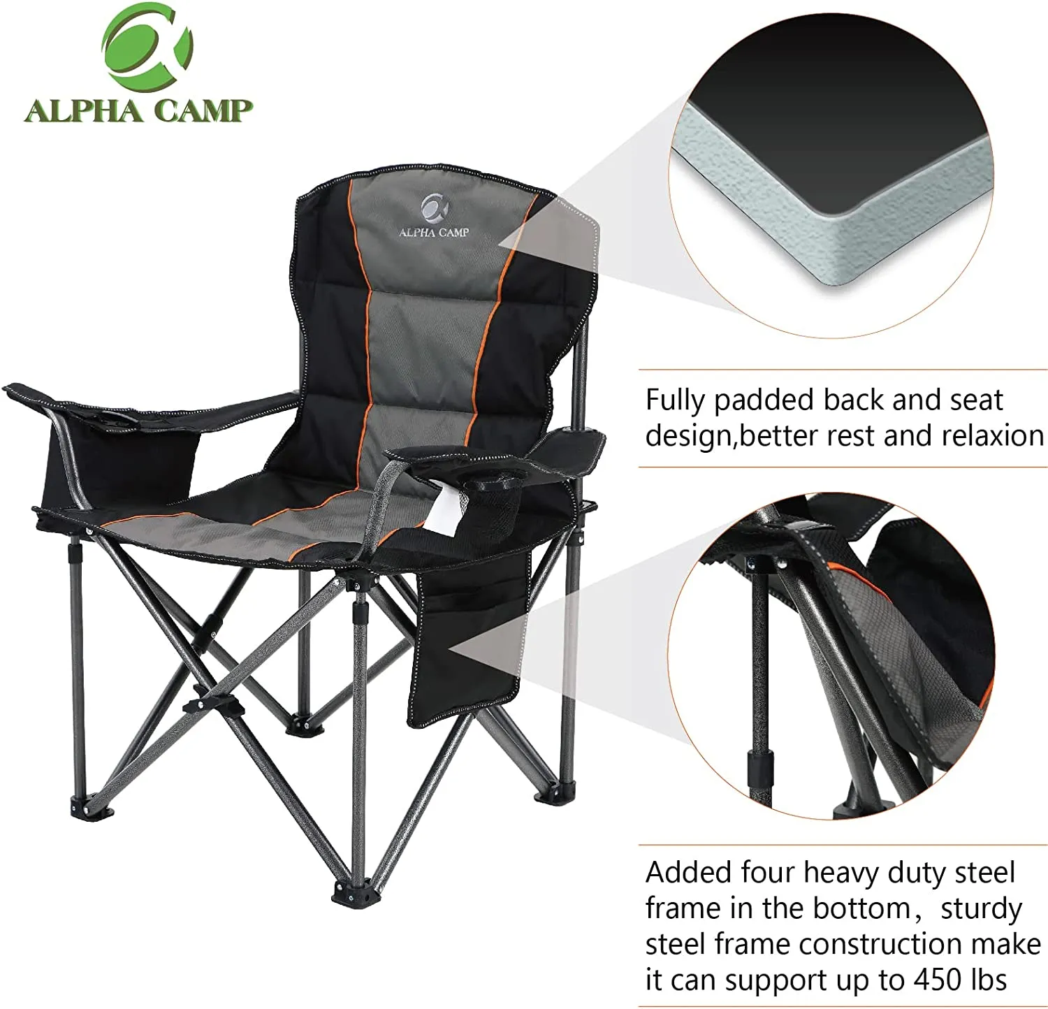 ALPHA CAMP Oversized Camping Folding Chair Heavy Duty Support 450 LBS Oversized Steel Frame Collapsible Padded Arm Chair with Cup Holder Quad Lumbar Back Chair Portable for Outdoor,Black