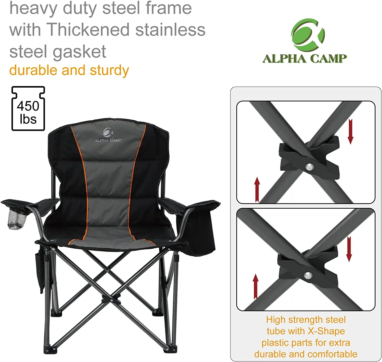ALPHA CAMP Oversized Camping Folding Chair Heavy Duty Support 450 LBS Oversized Steel Frame Collapsible Padded Arm Chair with Cup Holder Quad Lumbar Back Chair Portable for Outdoor,Black