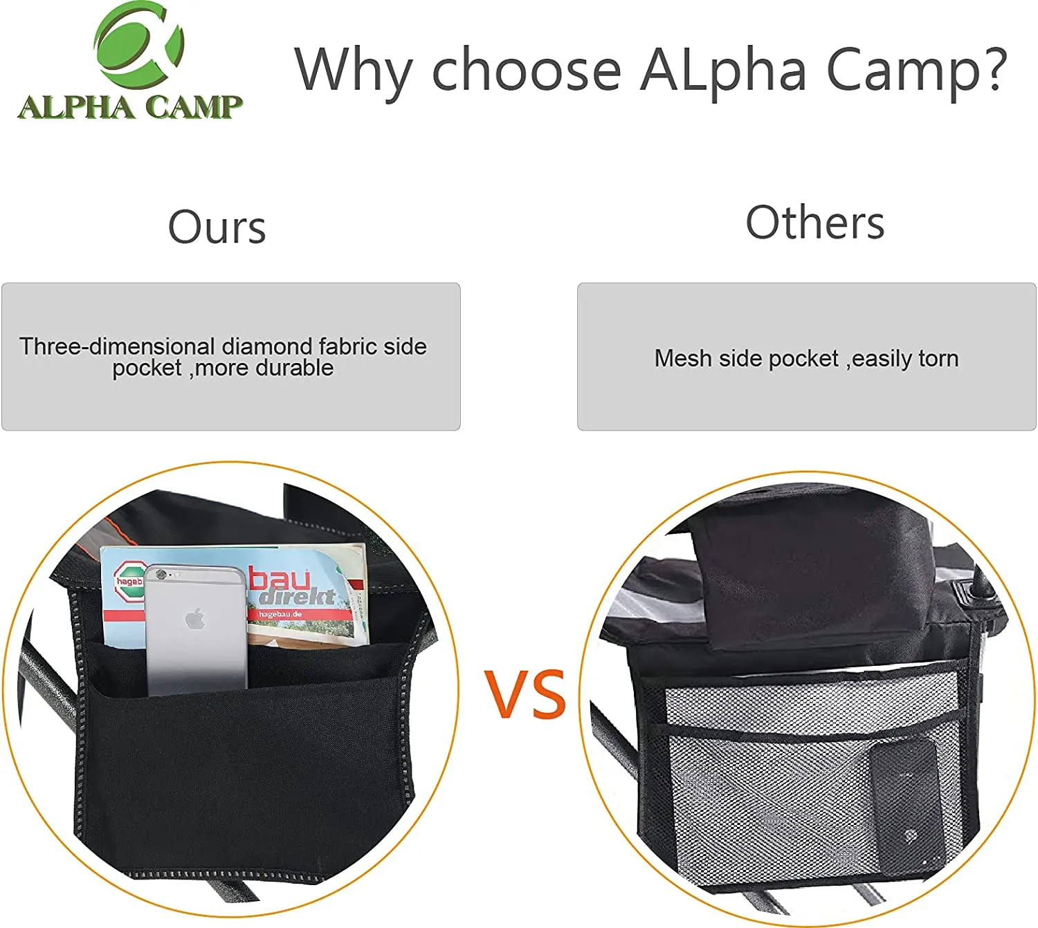 ALPHA CAMP Oversized Camping Folding Chair Heavy Duty Support 450 LBS Oversized Steel Frame Collapsible Padded Arm Chair with Cup Holder Quad Lumbar Back Chair Portable for Outdoor,Black
