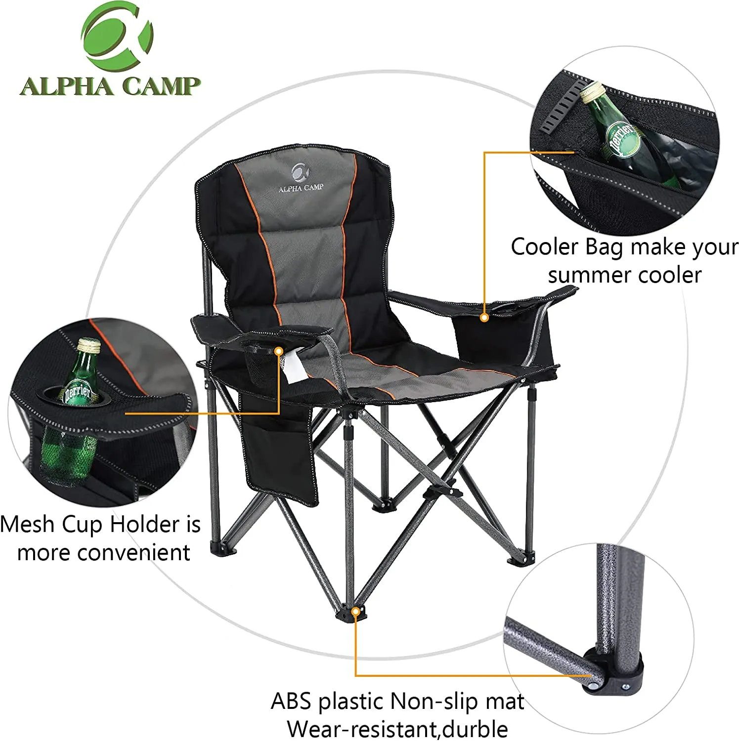 ALPHA CAMP Oversized Camping Folding Chair Heavy Duty Support 450 LBS Oversized Steel Frame Collapsible Padded Arm Chair with Cup Holder Quad Lumbar Back Chair Portable for Outdoor,Black