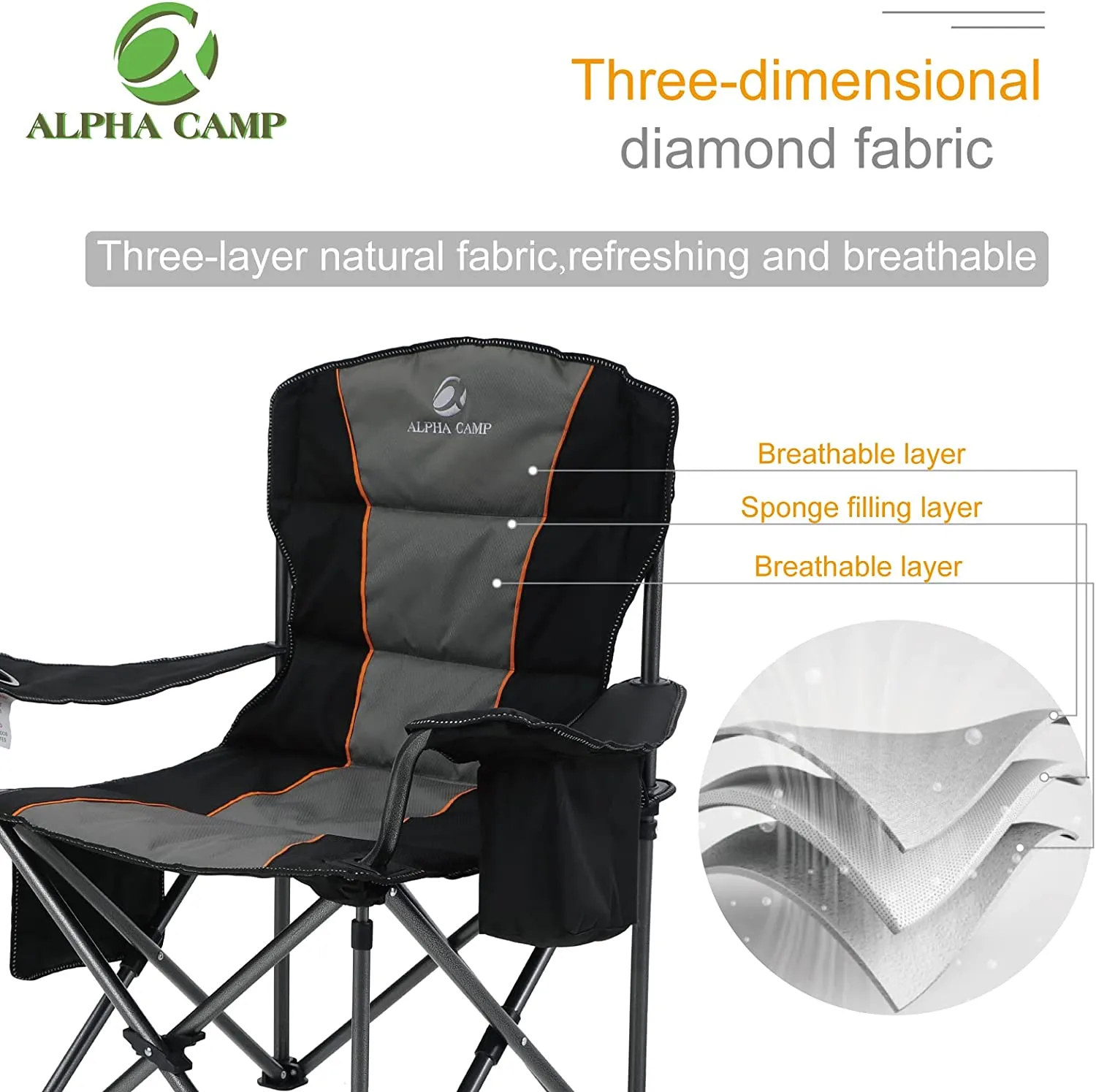 ALPHA CAMP Oversized Camping Folding Chair Heavy Duty Support 450 LBS Oversized Steel Frame Collapsible Padded Arm Chair with Cup Holder Quad Lumbar Back Chair Portable for Outdoor,Black