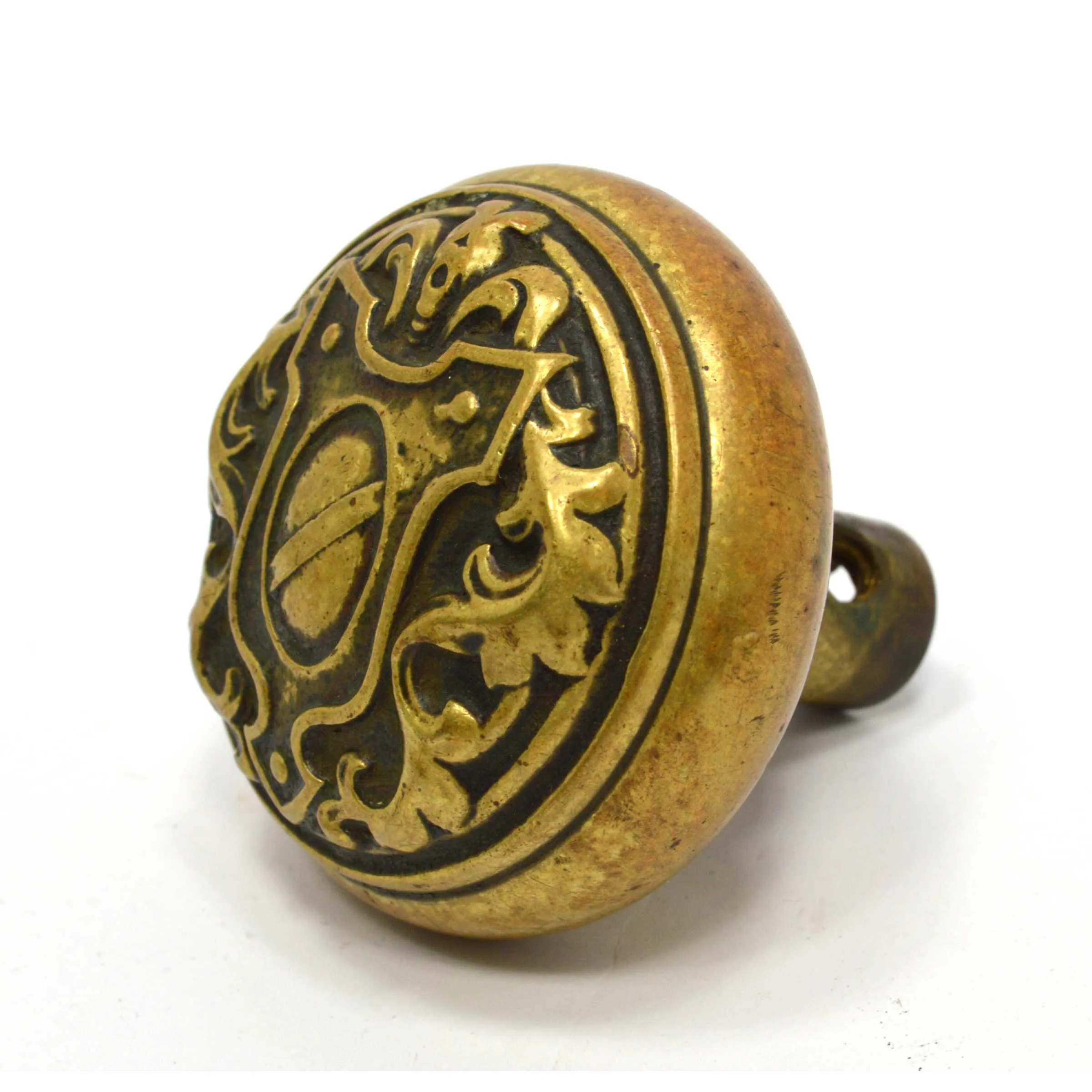 Antique BRASS DOOR KNOB Ornate Handle/Pull SALVAGED HARDWARE Shield Motif c.19th