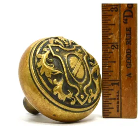 Antique BRASS DOOR KNOB Ornate Handle/Pull SALVAGED HARDWARE Shield Motif c.19th