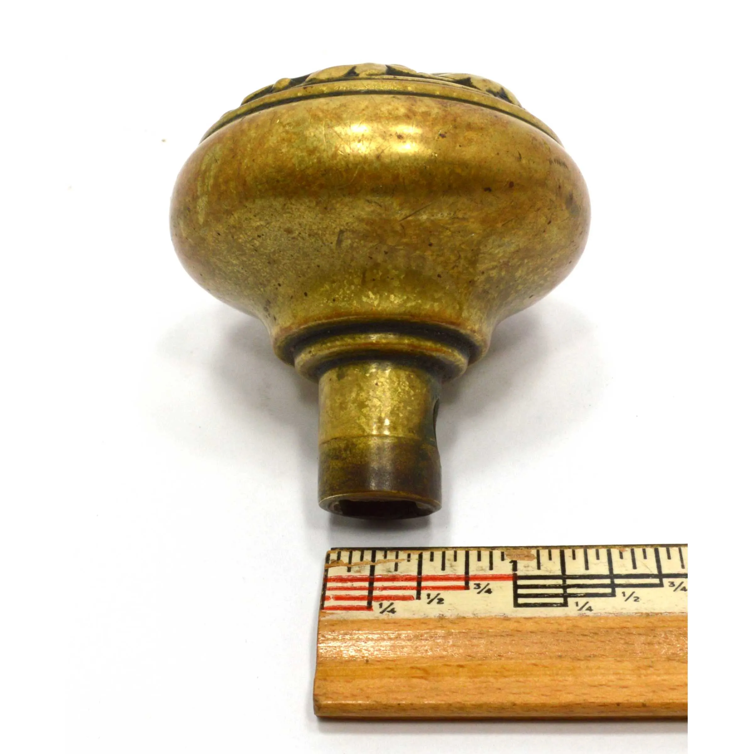 Antique BRASS DOOR KNOB Ornate Handle/Pull SALVAGED HARDWARE Shield Motif c.19th