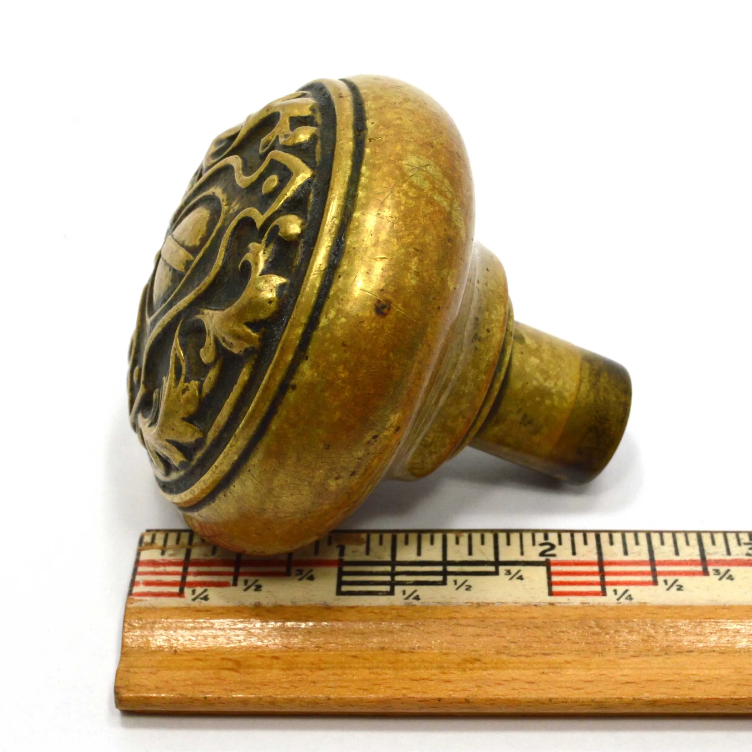 Antique BRASS DOOR KNOB Ornate Handle/Pull SALVAGED HARDWARE Shield Motif c.19th