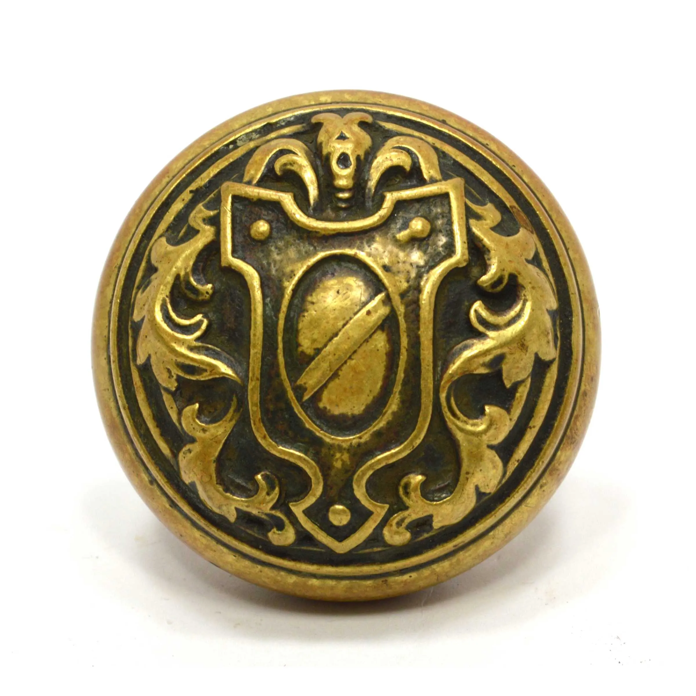 Antique BRASS DOOR KNOB Ornate Handle/Pull SALVAGED HARDWARE Shield Motif c.19th