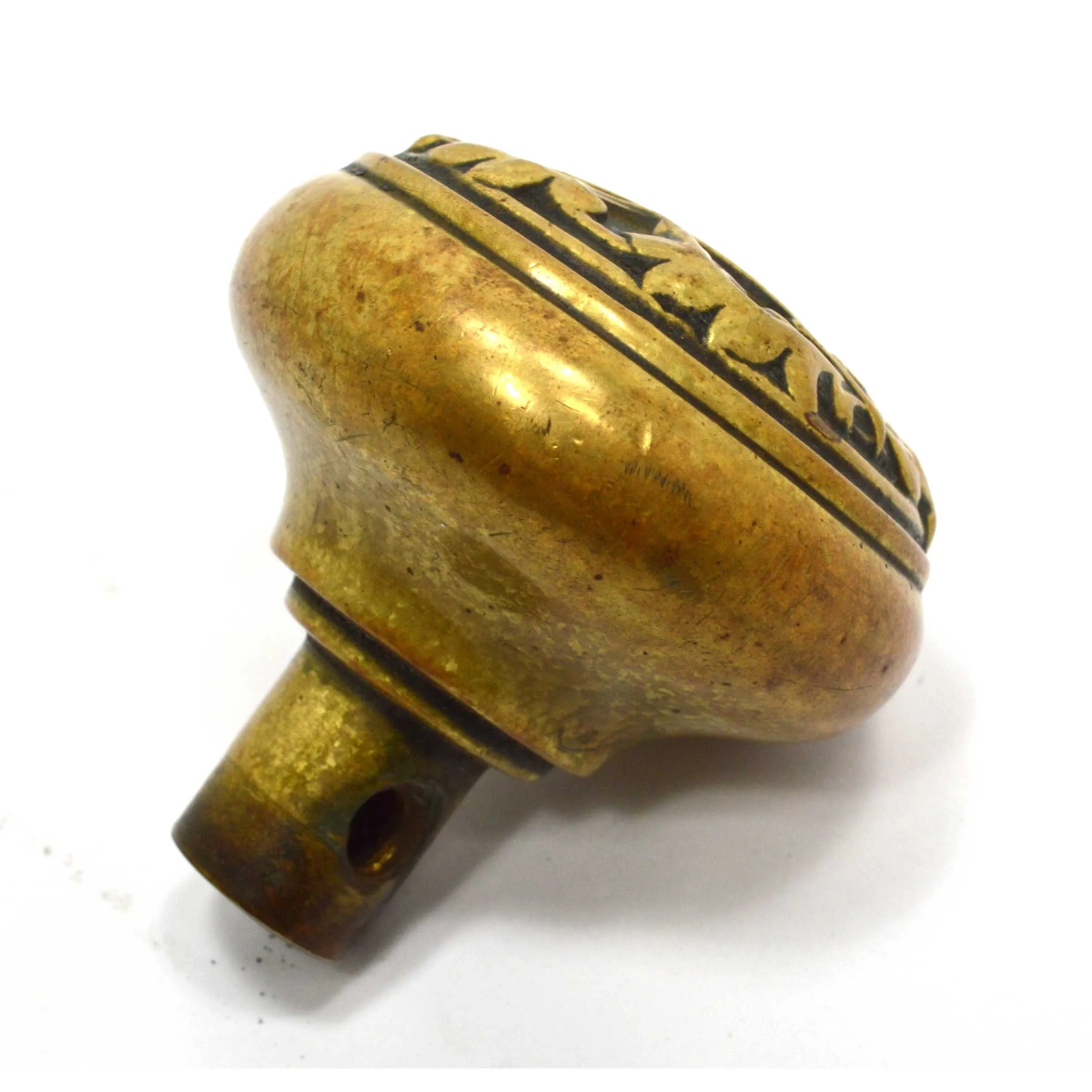 Antique BRASS DOOR KNOB Ornate Handle/Pull SALVAGED HARDWARE Shield Motif c.19th