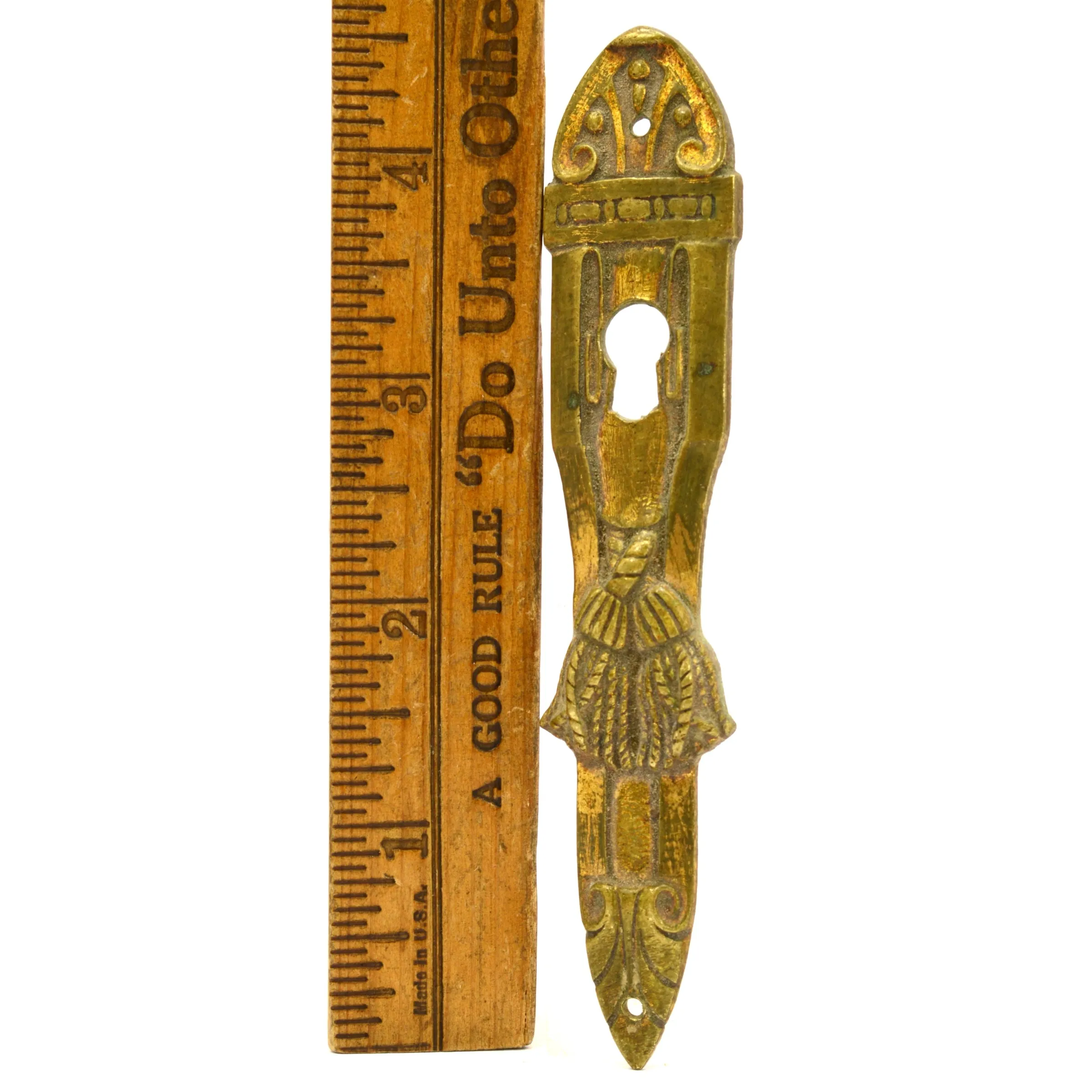 Antique BRASS/BRONZE ESCUTCHEON 4-1/2" Vertical ORNATE KEYHOLE COVER Tassel Motif