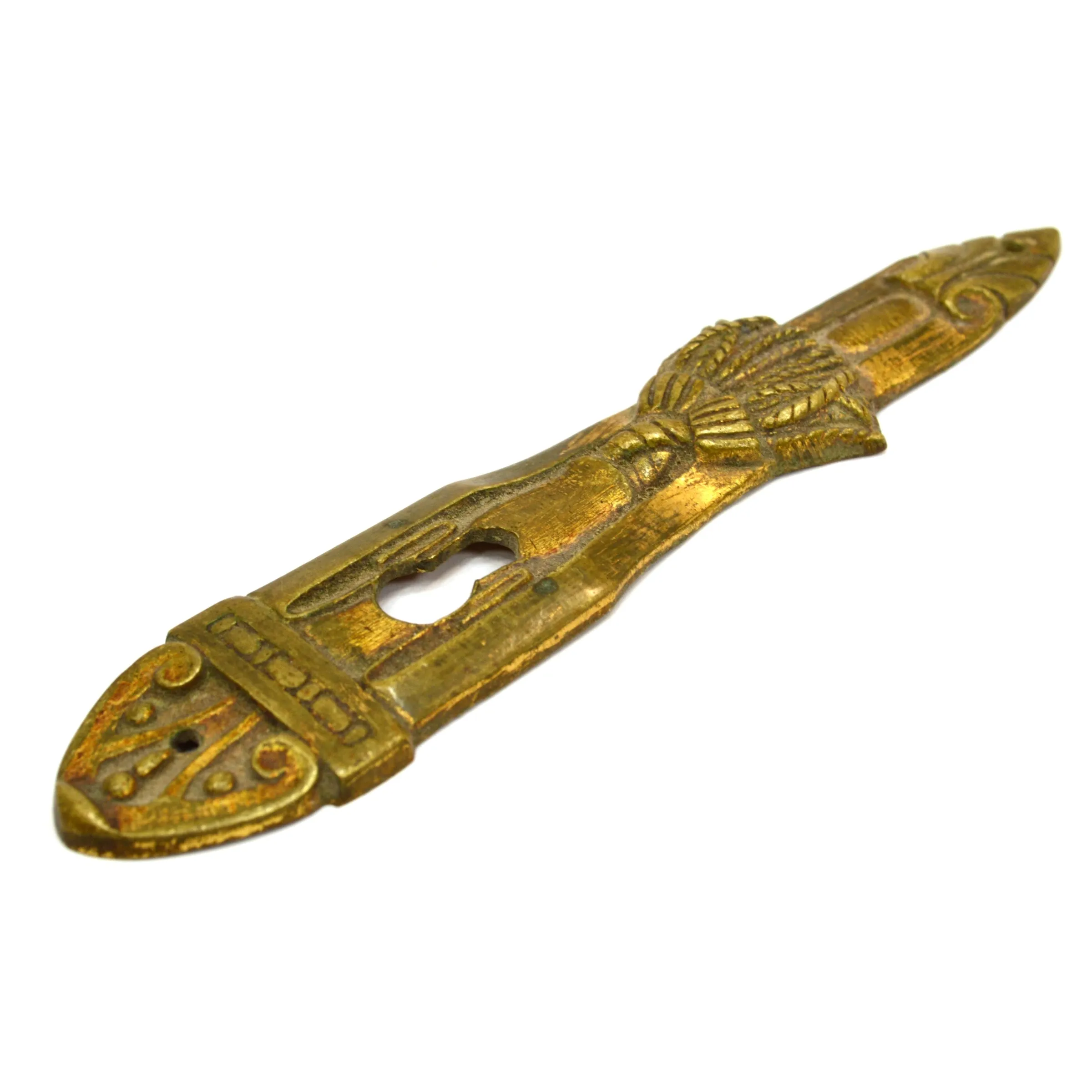 Antique BRASS/BRONZE ESCUTCHEON 4-1/2" Vertical ORNATE KEYHOLE COVER Tassel Motif