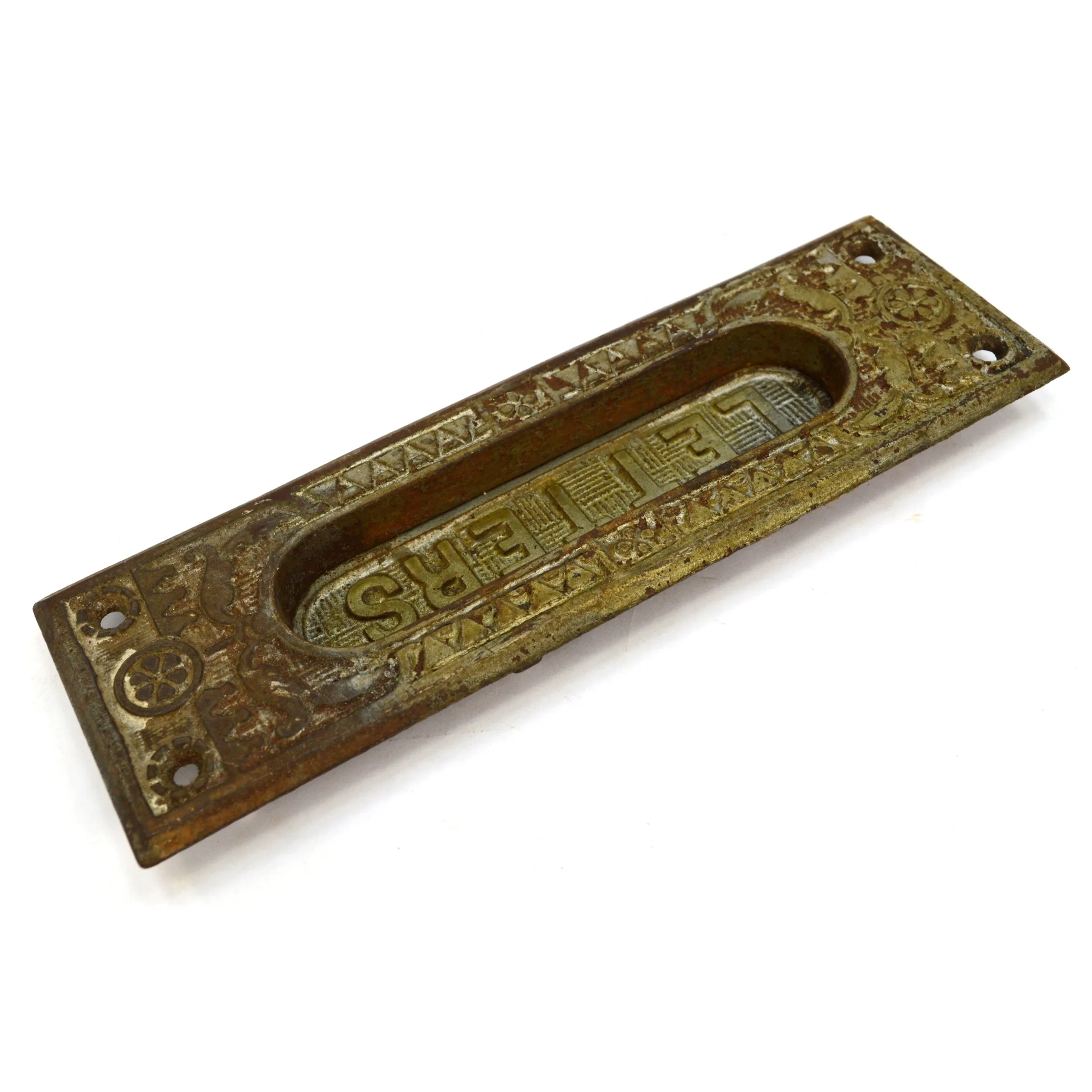 Antique CAST IRON DOOR HARDWARE Salvaged Ornate "LETTERS" PASS-THRU SLOT Patina!