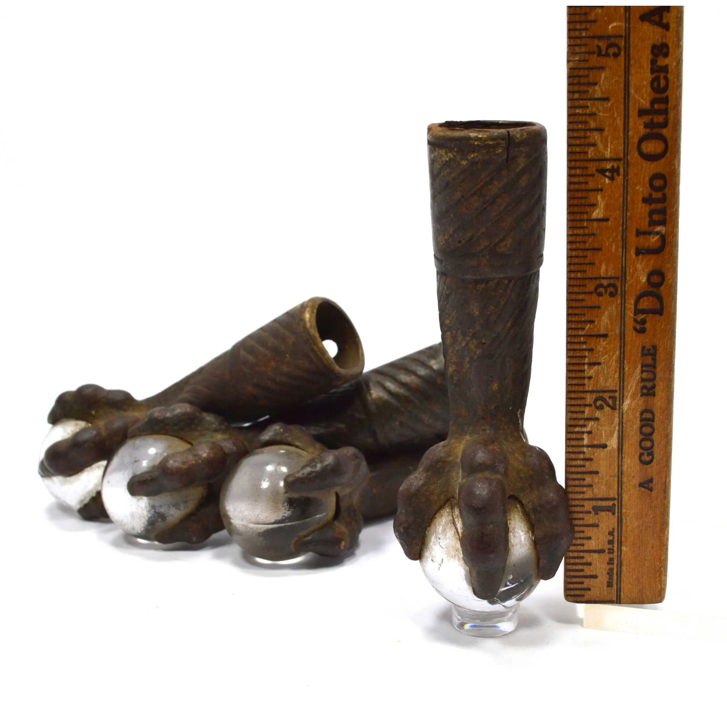 Antique CLAW FOOT STOOL FEET LOT 4 Cast Iron & CLEAR GLASS BALLS Ornate Design!