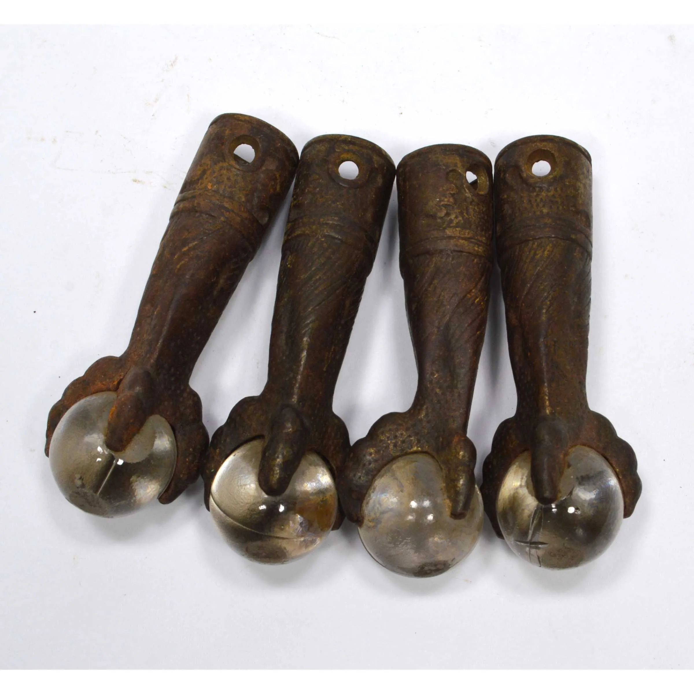 Antique CLAW FOOT STOOL FEET LOT 4 Cast Iron & CLEAR GLASS BALLS Ornate Design!