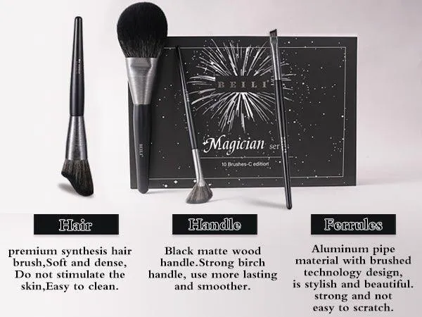 BEILI 10Pcs Make Up Brush Set With Gift Bag Wood-Retro-Black  MC10