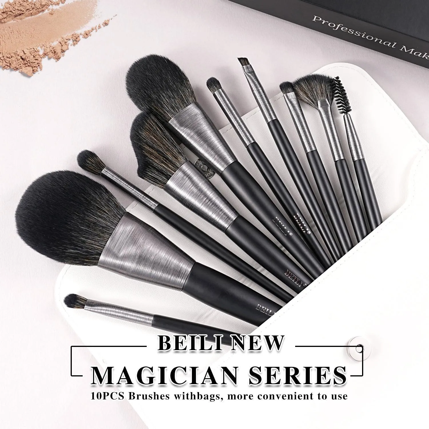 BEILI 10Pcs Make Up Brush Set With Gift Bag Wood-Retro-Black  MC10