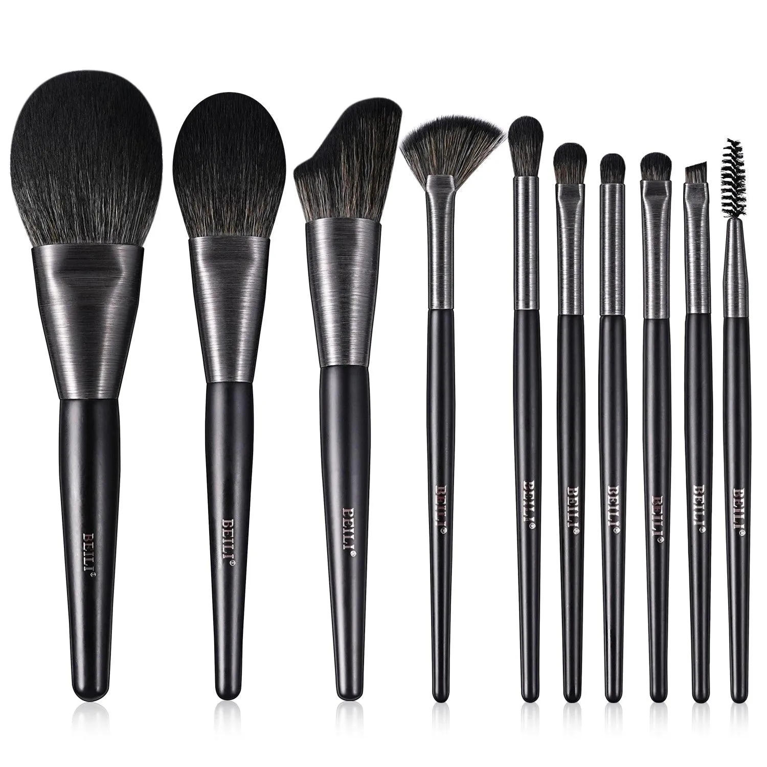 BEILI 10Pcs Make Up Brush Set With Gift Bag Wood-Retro-Black  MC10