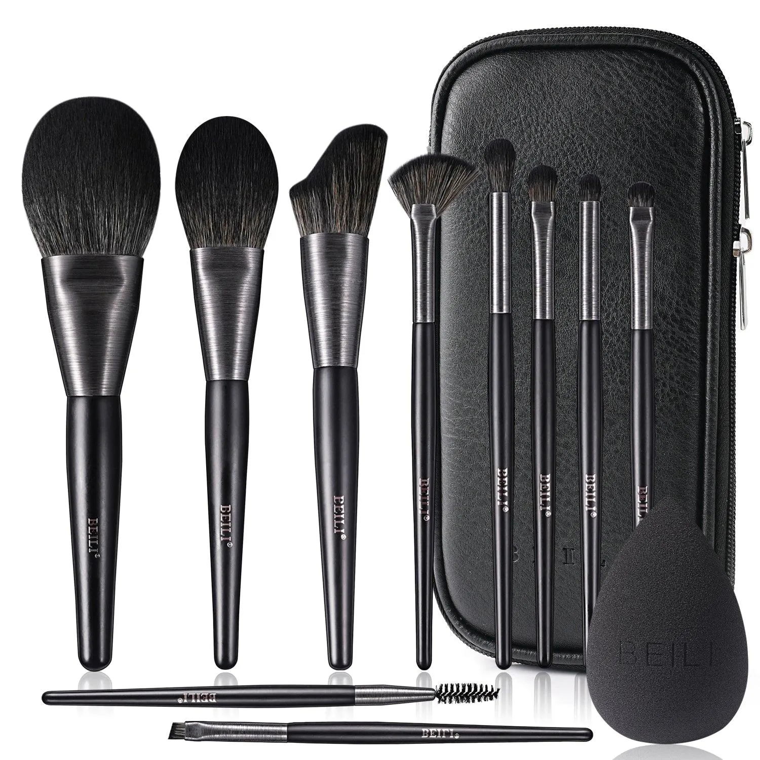 BEILI 10Pcs Make Up Brush Set With Gift Bag Wood-Retro-Black  MC10