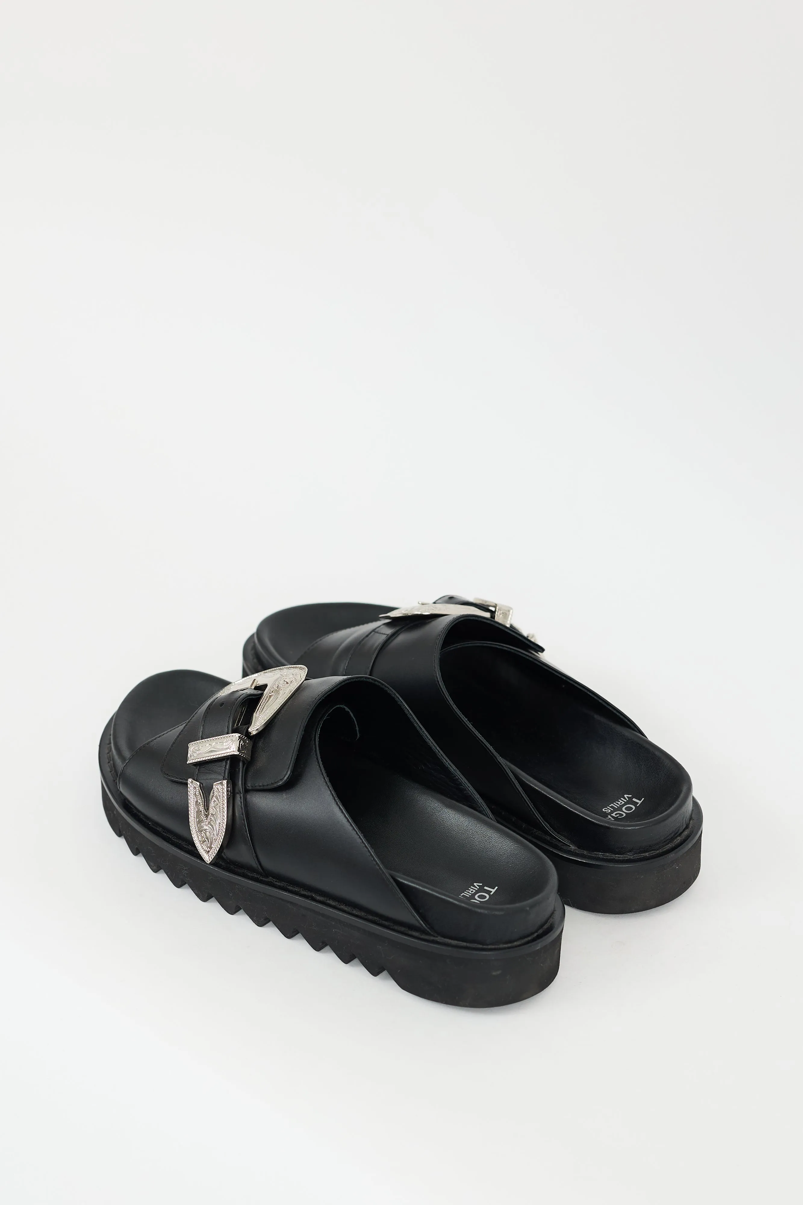 Black & Silver Leather Buckled Sandal