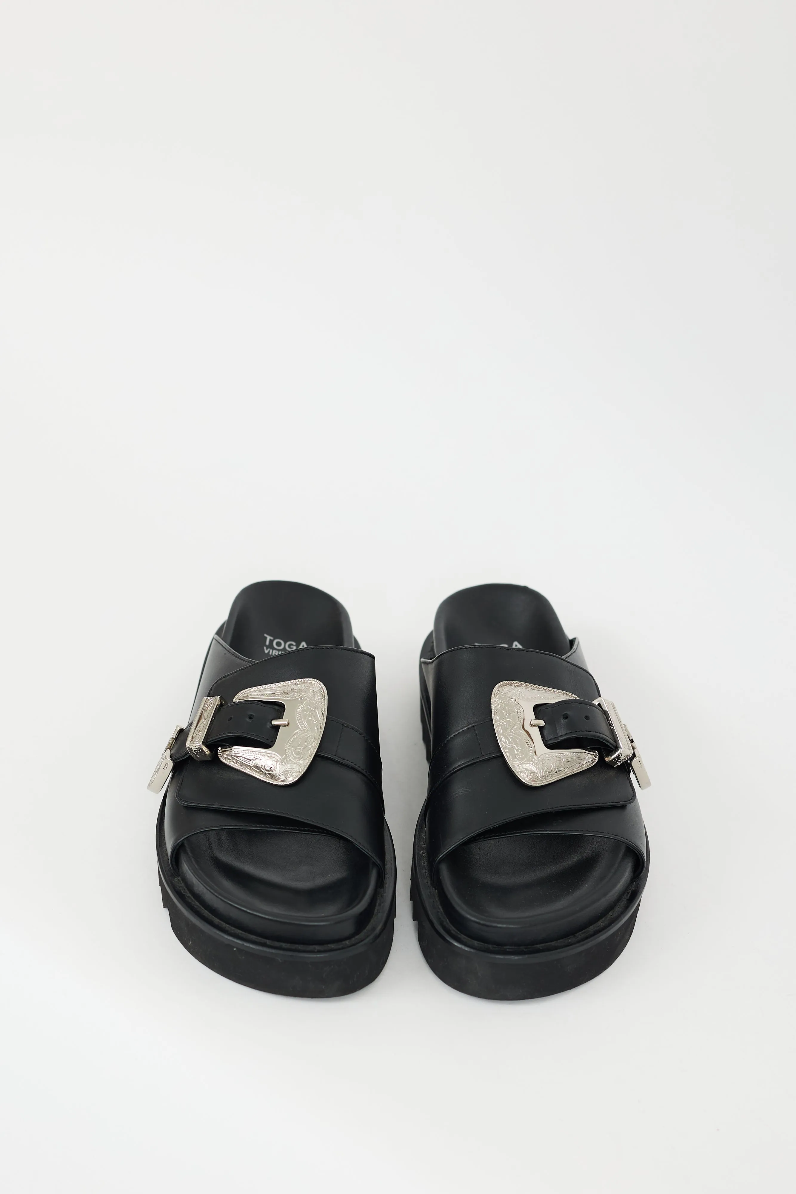 Black & Silver Leather Buckled Sandal