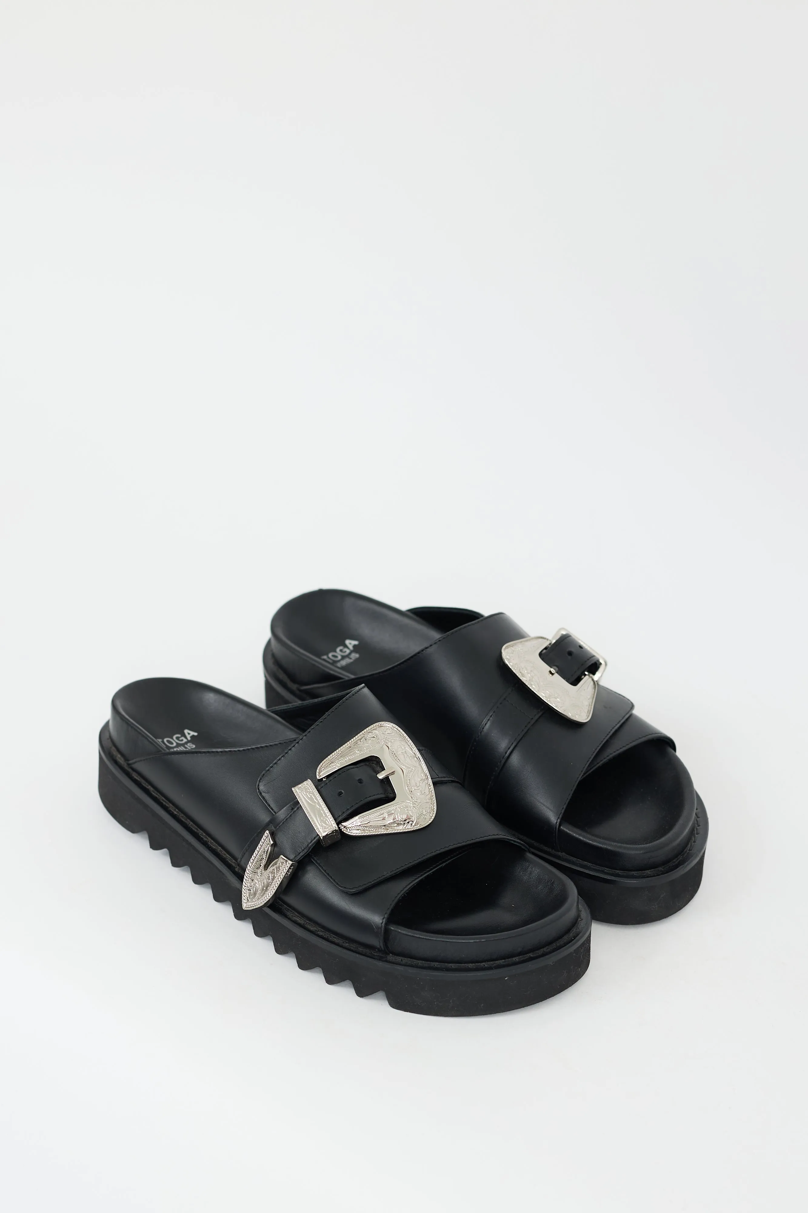 Black & Silver Leather Buckled Sandal