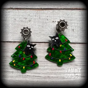 Black cat tunnel earrings-Christmas tree earrings